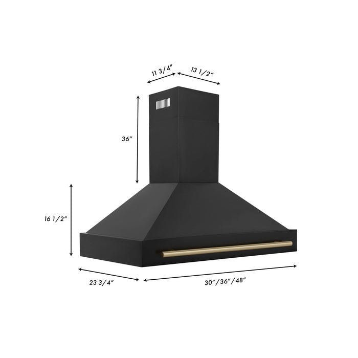 ZLINE 48" Autograph Edition Wall Mount Range Hood in Black Stainless Steel with Champagne Bronze Handle, BS655Z-48-CB ZLINE