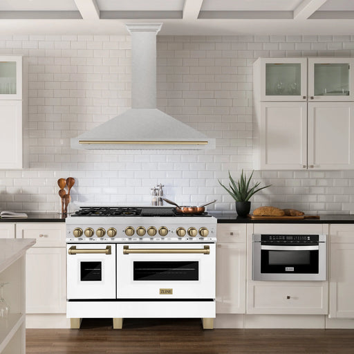 ZLINE 48" Autograph Edition Wall Mount Range Hood in DuraSnow® Stainless Steel with Champagne Bronze Handle, KB4SNZ-48-CB ZLINE Dreamwood Living