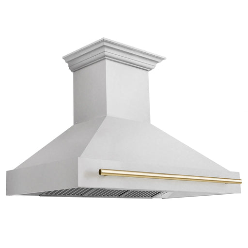 ZLINE 48" Autograph Edition Wall Mount Range Hood in DuraSnow® Stainless Steel with DuraSnow® Shell and Gold Handle, 8654SNZ-48-G ZLINE