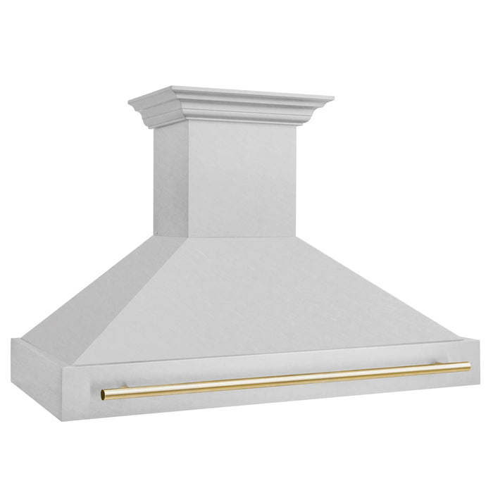 ZLINE 48" Autograph Edition Wall Mount Range Hood in DuraSnow® Stainless Steel with DuraSnow® Shell and Gold Handle, 8654SNZ-48-G ZLINE