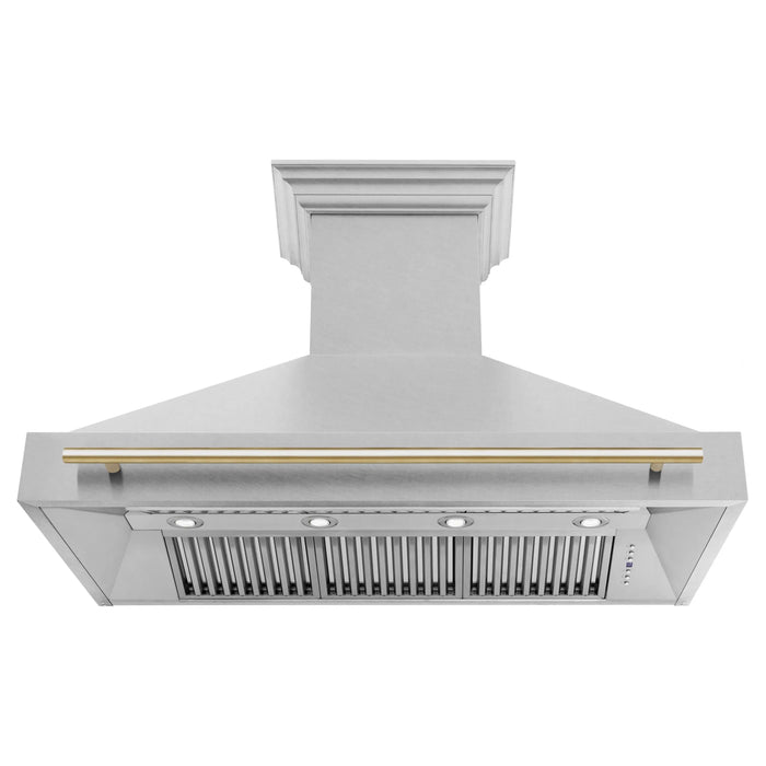 ZLINE 48" Autograph Edition Wall Mount Range Hood in DuraSnow® Stainless Steel with DuraSnow® Shell and Gold Handle, 8654SNZ-48-G ZLINE