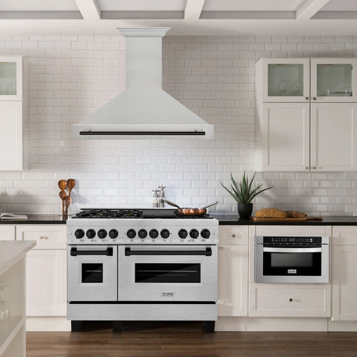 ZLINE 48" Autograph Edition Wall Mount Range Hood in DuraSnow® Stainless Steel with DuraSnow® Shell and Matte Black Handle, 8654SNZ-48-MB ZLINE Dreamwood Living
