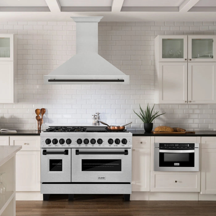 ZLINE 48" Autograph Edition Wall Mount Range Hood in DuraSnow® Stainless Steel with DuraSnow® Shell and Matte Black Handle, 8654SNZ-48-MB ZLINE Dreamwood Living