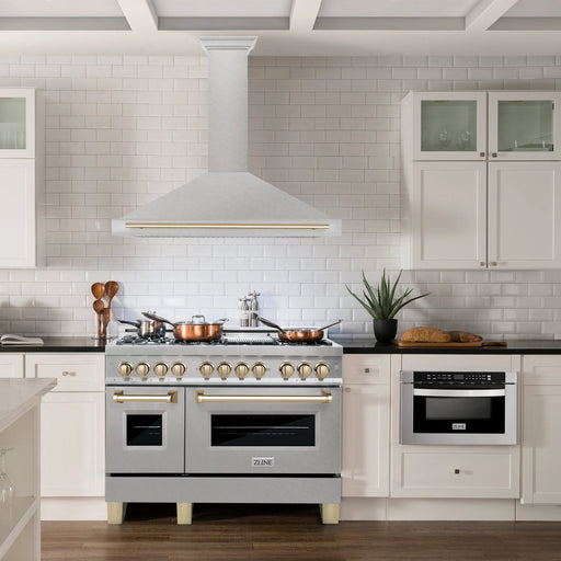 ZLINE 48" Autograph Edition Wall Mount Range Hood in DuraSnow® Stainless Steel with Gold Handle, KB4SNZ-48-G ZLINE Dreamwood Living