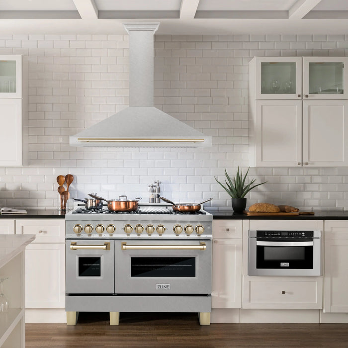 ZLINE 48" Autograph Edition Wall Mount Range Hood in DuraSnow® Stainless Steel with Gold Handle, KB4SNZ-48-G ZLINE Dreamwood Living