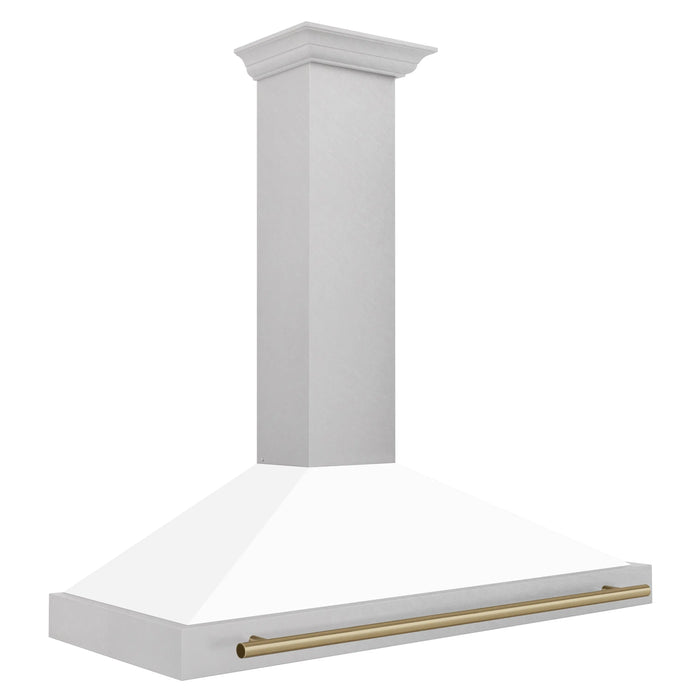 ZLINE 48" Autograph Edition Wall Mount Range Hood in DuraSnow® Stainless Steel with White Matte Shell and Champagne Bronze Handle, KB4SNZ-WM48-CB ZLINE Dreamwood Living