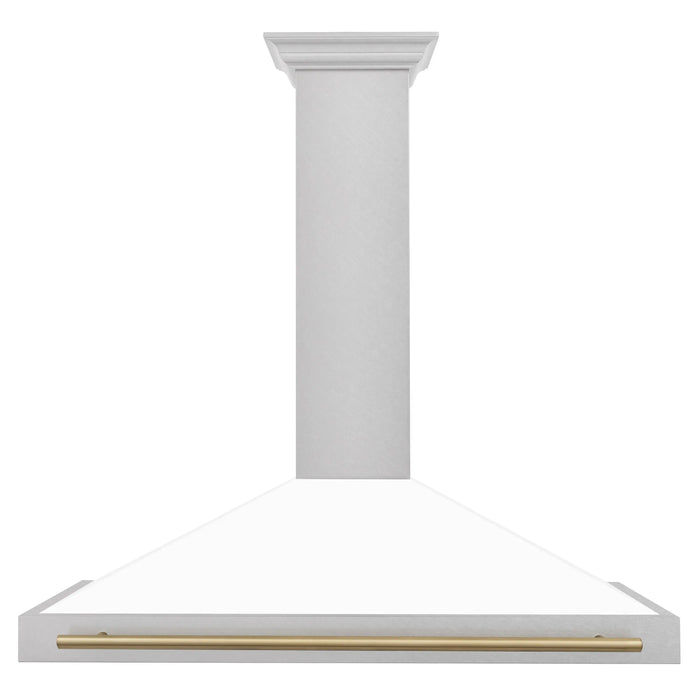 ZLINE 48" Autograph Edition Wall Mount Range Hood in DuraSnow® Stainless Steel with White Matte Shell and Champagne Bronze Handle, KB4SNZ-WM48-CB ZLINE Dreamwood Living
