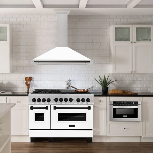ZLINE 48" Autograph Edition Wall Mount Range Hood in DuraSnow® Stainless Steel with White Matte Shell and Matte Black Handle, KB4SNZ-WM48-MB ZLINE Dreamwood Living