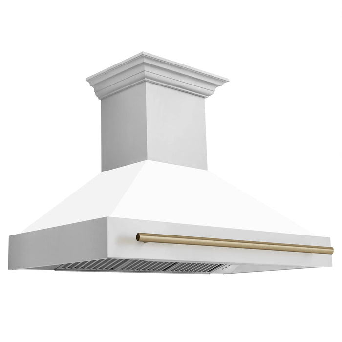 ZLINE 48" Autograph Edition Wall Mount Range Hood with White Matte Shell and Champagne Bronze Handle, 8654STZ-WM48-CB ZLINE