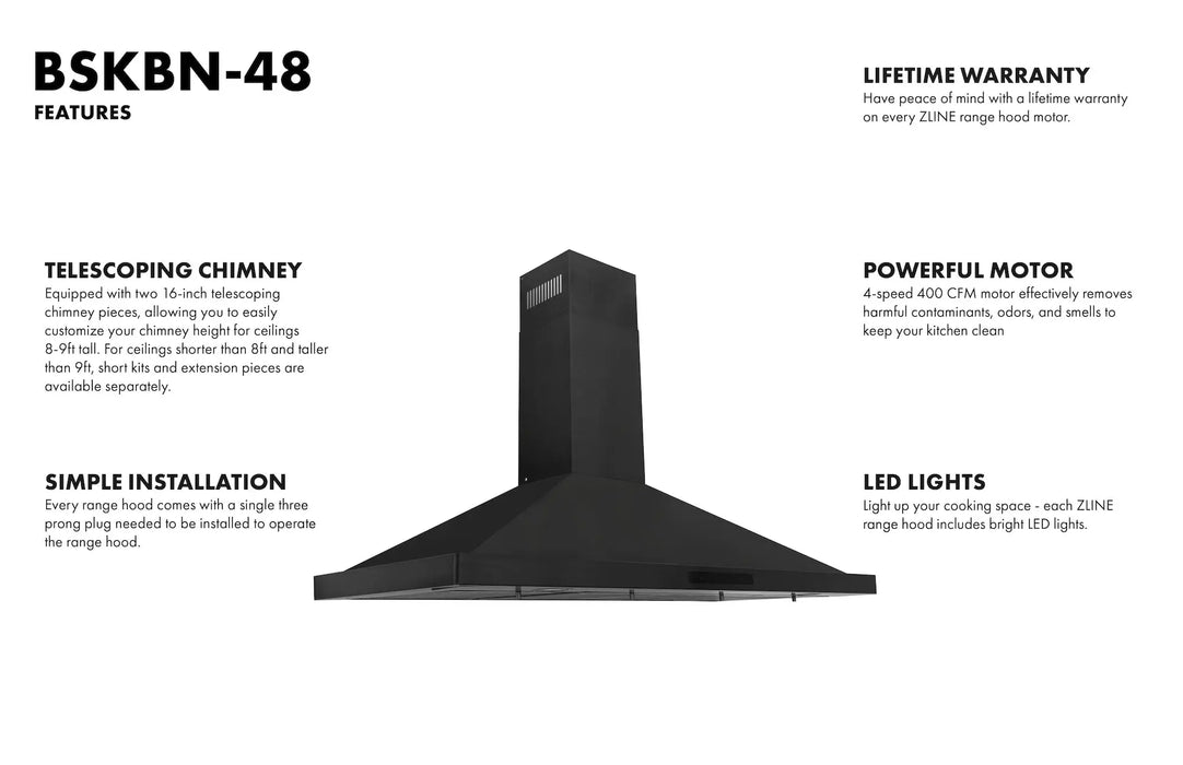 ZLINE 48" Convertible Wall Mount Range Hood in Black Stainless Steel, BSKBN-48 ZLINE