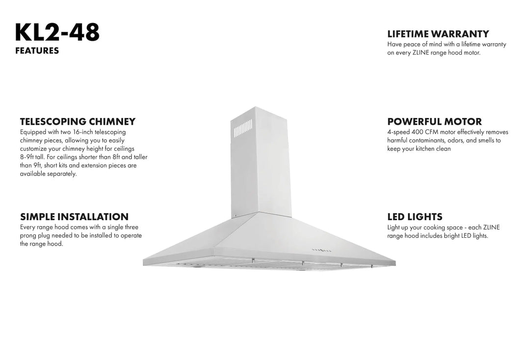 ZLINE 48" Convertible Wall Mount Range Hood in Stainless Steel, KL2-48 ZLINE