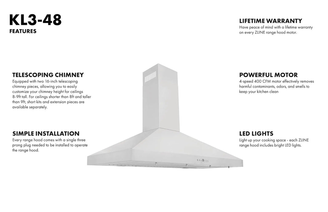 ZLINE 48" Convertible Wall Mount Range Hood in Stainless Steel, KL3-48 ZLINE