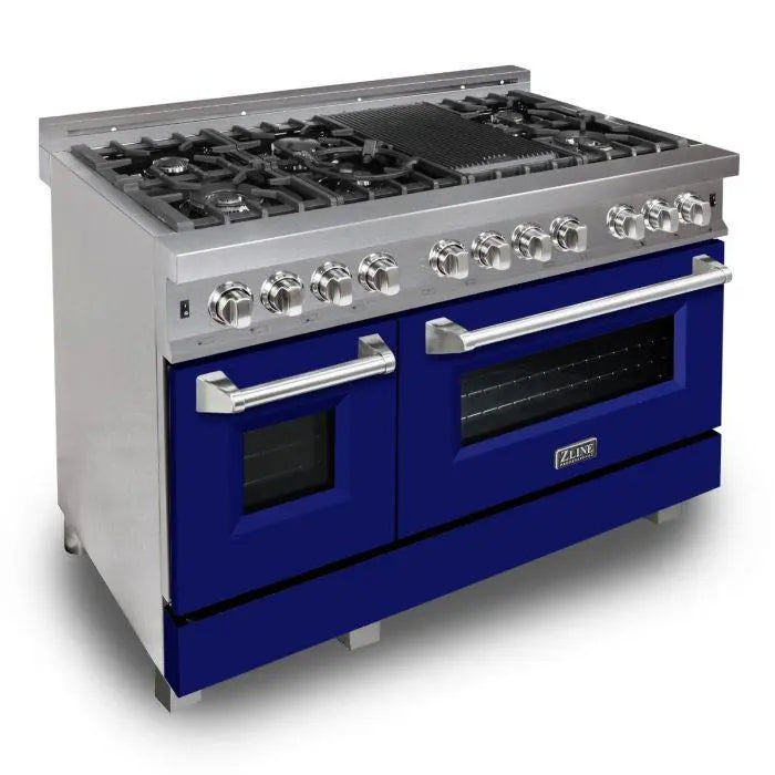 ZLINE 48" Dual Fuel Range in DuraSnow® Stainless Steel with Blue Matte Door, RAS-BM-48 ZLINE