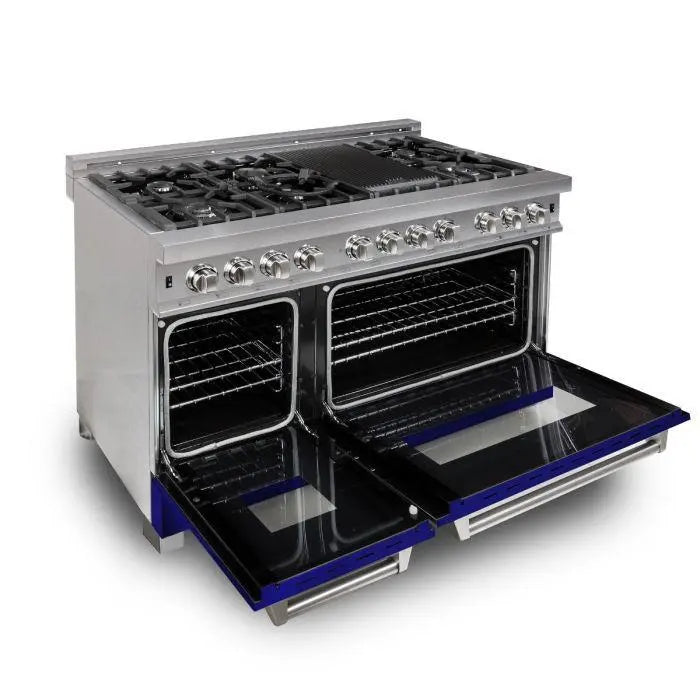 ZLINE 48" Dual Fuel Range in DuraSnow® Stainless Steel with Blue Matte Door, RAS-BM-48 ZLINE
