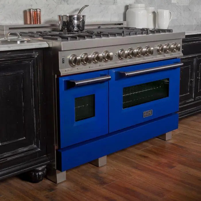 ZLINE 48" Dual Fuel Range in DuraSnow® Stainless Steel with Blue Matte Door, RAS-BM-48 ZLINE