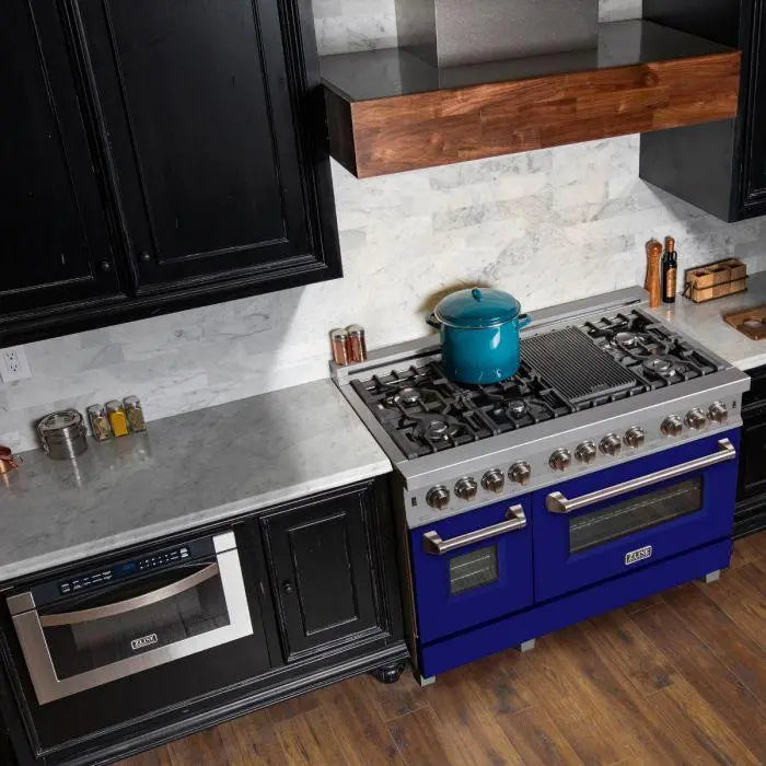 ZLINE 48" Dual Fuel Range in DuraSnow® Stainless Steel with Blue Matte Door, RAS-BM-48 ZLINE
