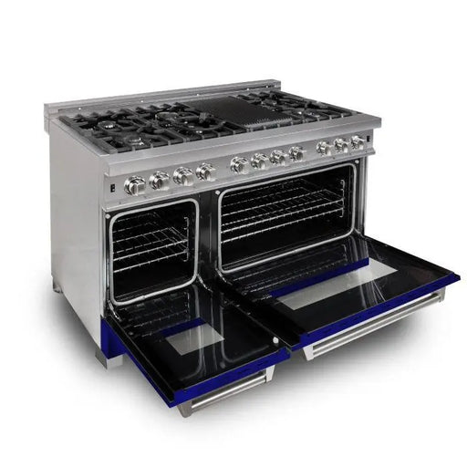 ZLINE 48" Dual Fuel Range in DuraSnow® Stainless with Blue Gloss Door, RAS-BG-48 ZLINE