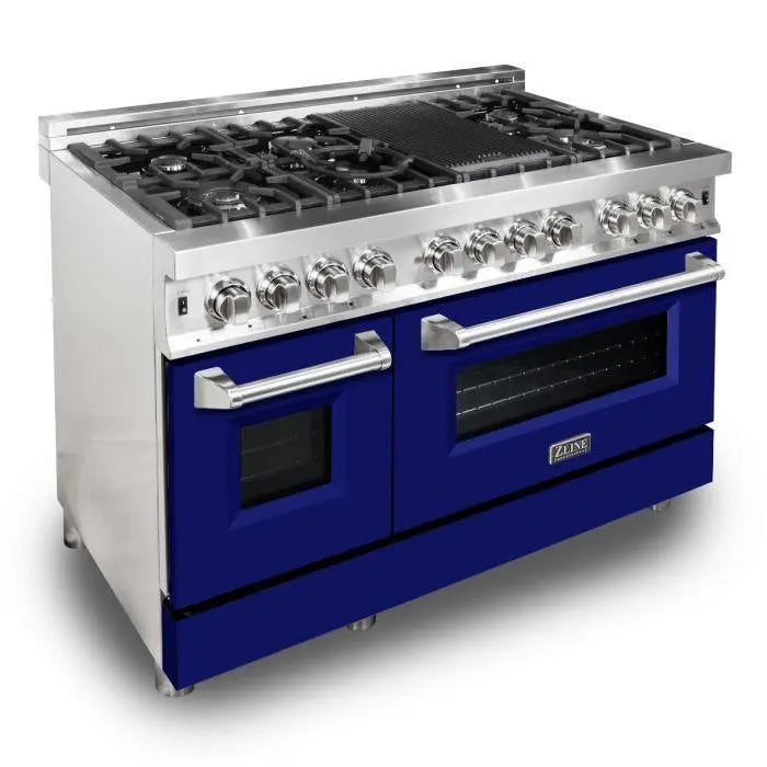 ZLINE 48" Dual Fuel Range in Stainless Steel with Blue Matte Doors, RA-BM-48 ZLINE Dreamwood Living