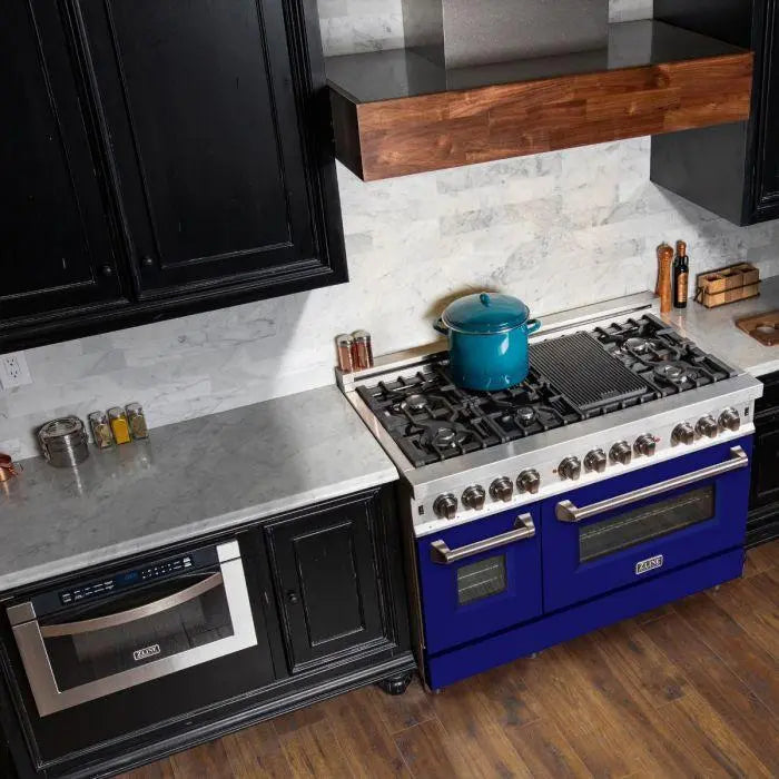 ZLINE 48" Dual Fuel Range in Stainless Steel with Blue Matte Doors, RA-BM-48 ZLINE Dreamwood Living