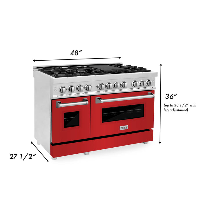 ZLINE 48" Dual Fuel Range in Stainless Steel with Red Matte Doors, RA-RM-48 ZLINE