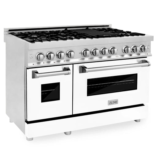 ZLINE 48" Dual Fuel Range with Griddle and White Matte Door in DuraSnow® Stainless Steel, RAS-WM-GR-48 ZLINE Dreamwood Living