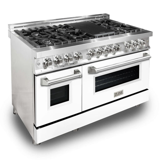 ZLINE 48" Dual Fuel Range with Griddle and White Matte Door in Stainless Steel, RA-WM-GR-48 ZLINE Dreamwood Living