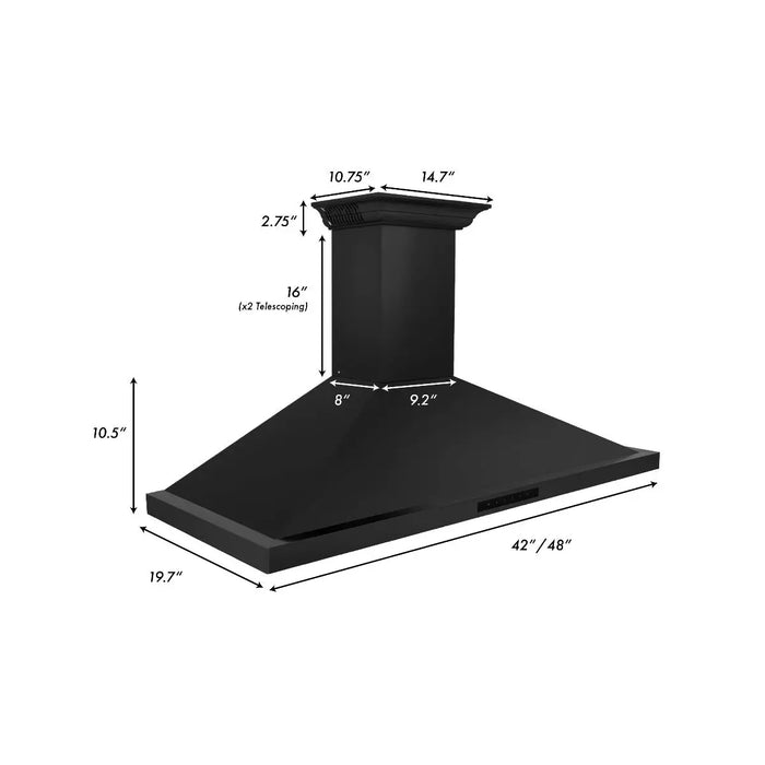 ZLINE 48" Wall Mount Range Hood in Black Stainless Steel with CrownSound™ Speakers, BSKBNCRN-BT-48 ZLINE