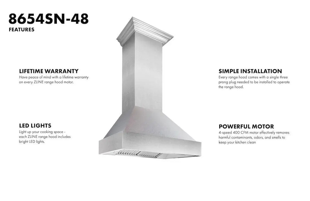 ZLINE 48" Wall Mount Range Hood in DuraSnow® Stainless Steel & DuraSnow® Shell , 8654SN-48 ZLINE