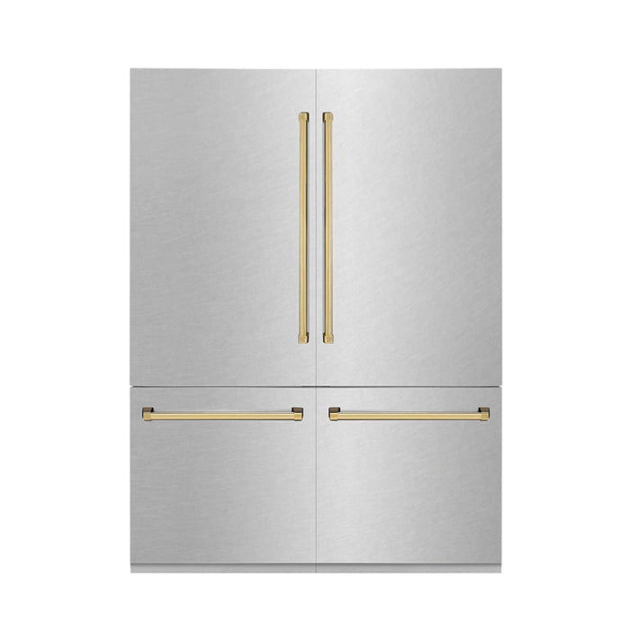 ZLINE 60" Autograph Edition Built-In 4-Door Refrigerator in DuraSnow® Stainless Steel with Gold Accents ZLINE Dreamwood Living