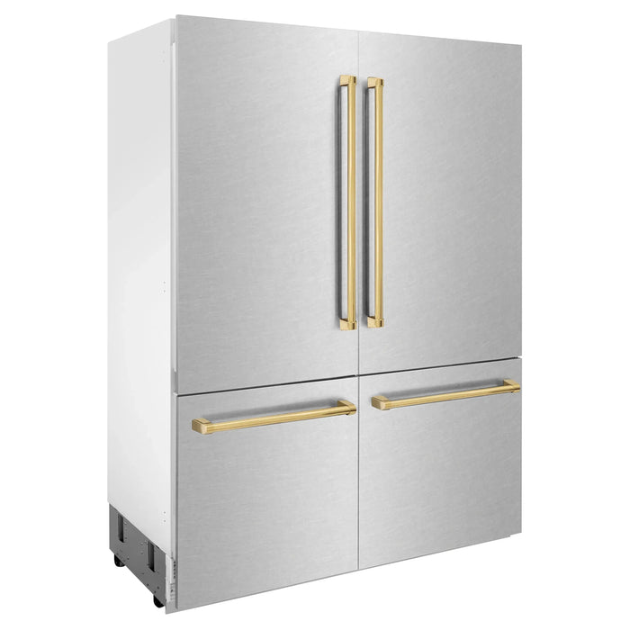 ZLINE 60" Autograph Edition Built-In 4-Door Refrigerator in DuraSnow® Stainless Steel with Gold Accents ZLINE Dreamwood Living