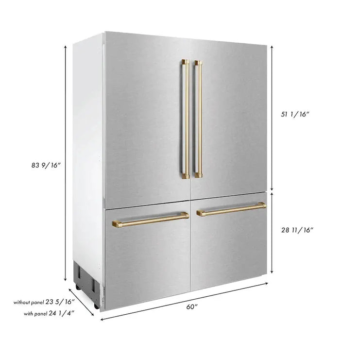 ZLINE 60" Autograph Edition Built-In 4-Door Refrigerator in DuraSnow® Stainless Steel with Gold Accents ZLINE Dreamwood Living
