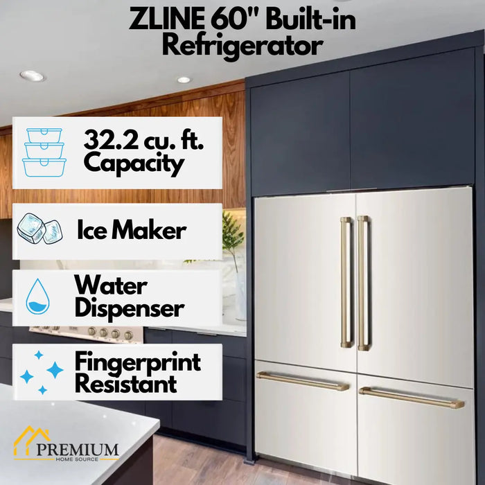 ZLINE 60" Autograph Edition Built In 4-Door Refrigerator in Stainless Steel with Champagne Bronze Accents, RBIVZ-304-60-CB ZLINE Dreamwood Living