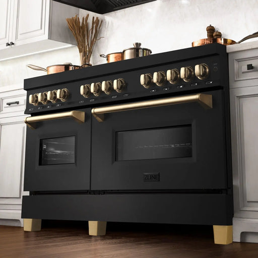 ZLINE 60" Autograph Edition Dual Fuel Range in Black Stainless Steel with Gold Accents, RABZ-60-G ZLINE Dreamwood Living