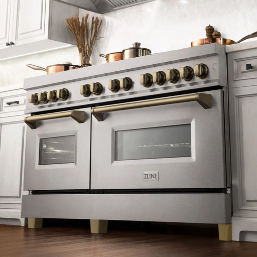 ZLINE 60" Autograph Edition Dual Fuel Range in DuraSnow® Stainless Steel with Champagne Bronze Accents, RASZ-SN-60-CB ZLINE Dreamwood Living