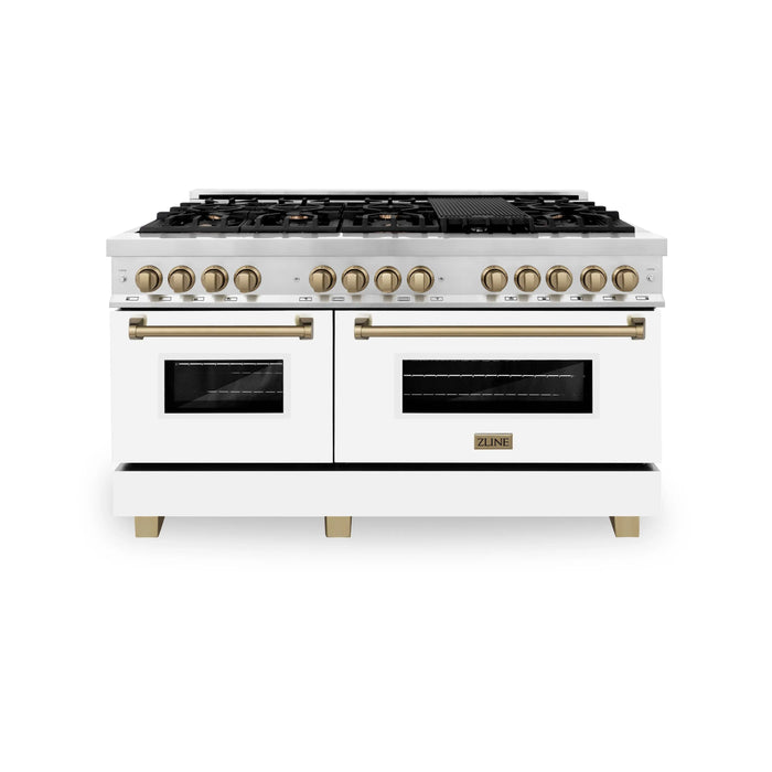 ZLINE 60" Autograph Edition Dual Fuel Range in Stainless Steel with White Matte Doors and Champagne Bronze Accents, RAZ-WM-60-CB ZLINE Dreamwood Living