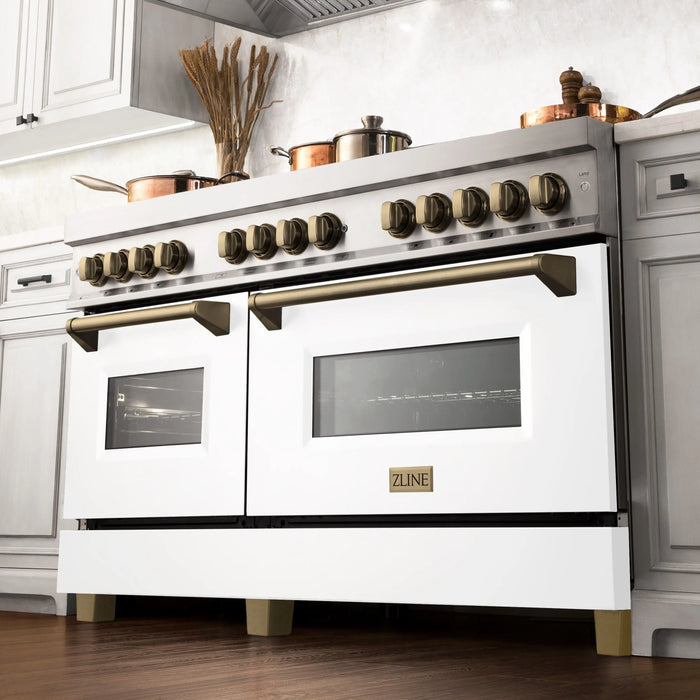 ZLINE 60" Autograph Edition Dual Fuel Range in Stainless Steel with White Matte Doors and Champagne Bronze Accents, RAZ-WM-60-CB ZLINE Dreamwood Living