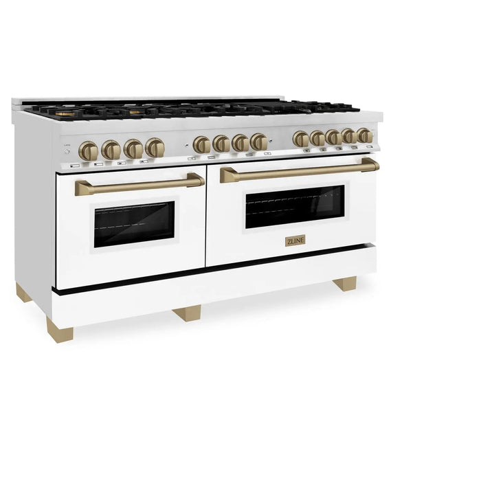 ZLINE 60" Autograph Edition Dual Fuel Range in Stainless Steel with White Matte Doors and Champagne Bronze Accents, RAZ-WM-60-CB ZLINE Dreamwood Living