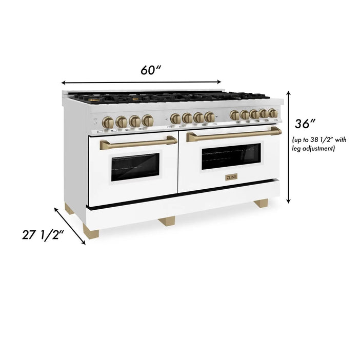 ZLINE 60" Autograph Edition Dual Fuel Range in Stainless Steel with White Matte Doors and Champagne Bronze Accents, RAZ-WM-60-CB ZLINE Dreamwood Living
