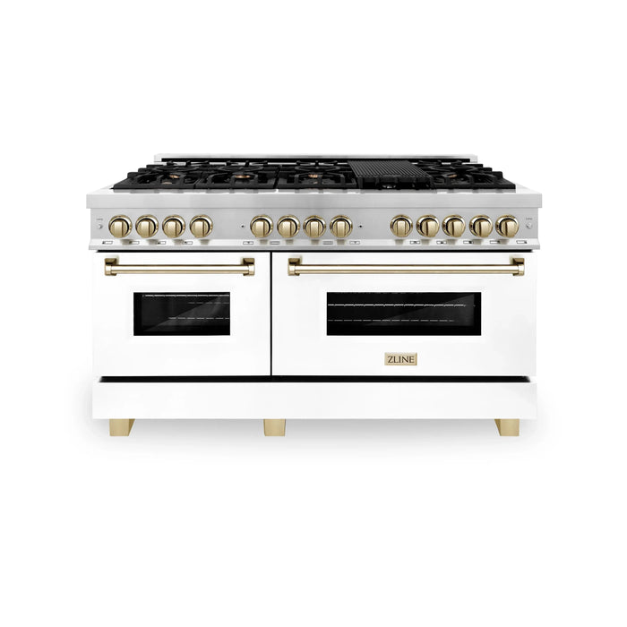 ZLINE 60" Autograph Edition Dual Fuel Range in Stainless Steel with White Matte Doors and Gold Accents, RAZ-WM-60-G ZLINE Dreamwood Living