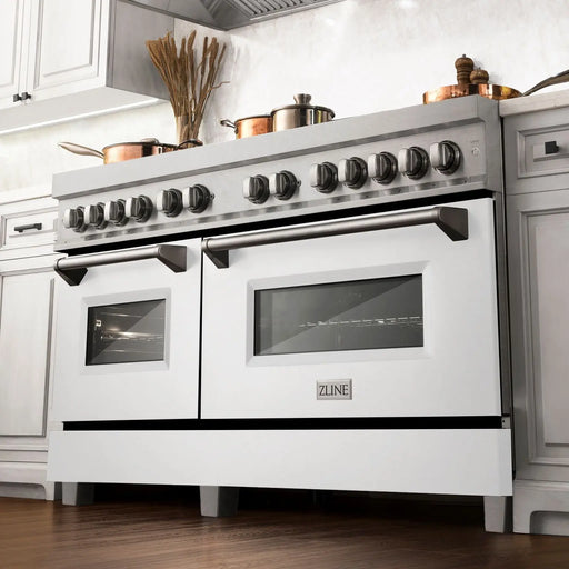 ZLINE 60" Dual Fuel Range in DuraSnow® Stainless Steel with White Matte Doors, RAS-WM-60 ZLINE Dreamwood Living