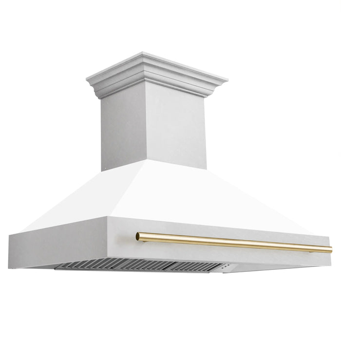 ZLINE Autograph 48 Inch DuraSnow® Stainless Steel Range Hood with White Matte Shell and Gold Handle, 8654SNZ-WM48-G ZLINE Dreamwood Living