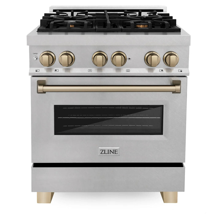 ZLINE Kitchen and Bath 30 Inch Autograph Edition Dual Fuel Range in DuraSnow® Stainless Steel with Champagne Bronze Accents, RASZ-SN-30-CB ZLINE Dreamwood Living