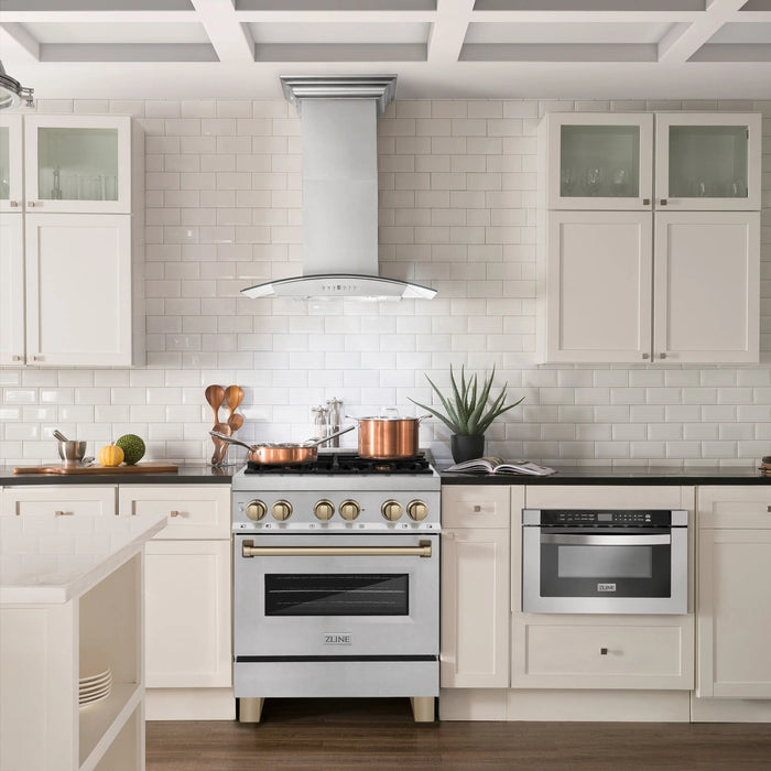 ZLINE Kitchen and Bath 30 Inch Autograph Edition Dual Fuel Range in DuraSnow® Stainless Steel with Champagne Bronze Accents, RASZ-SN-30-CB ZLINE Dreamwood Living