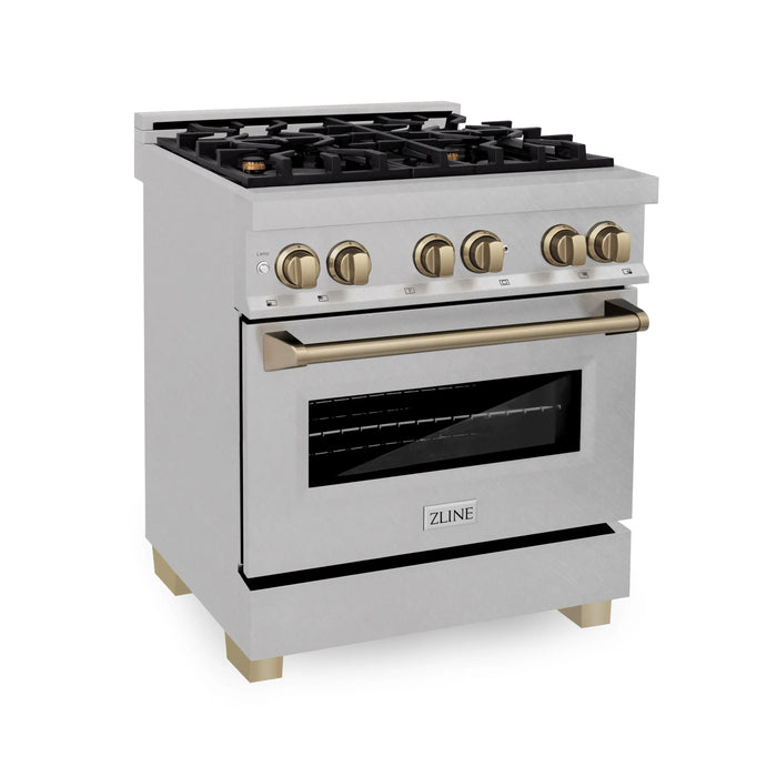 ZLINE Kitchen and Bath 30 Inch Autograph Edition Dual Fuel Range in DuraSnow® Stainless Steel with Champagne Bronze Accents, RASZ-SN-30-CB ZLINE Dreamwood Living