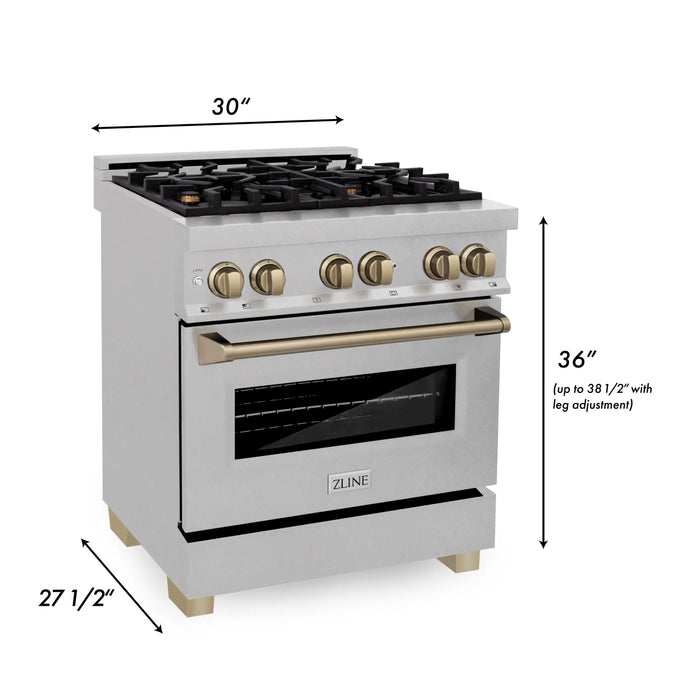 ZLINE Kitchen and Bath 30 Inch Autograph Edition Dual Fuel Range in DuraSnow® Stainless Steel with Champagne Bronze Accents, RASZ-SN-30-CB ZLINE Dreamwood Living