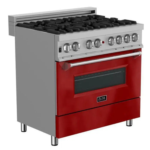 ZLINE Kitchen and Bath 36 in. Professional Gas Burner/Electric Oven in DuraSnow® Stainless with Red Gloss Door, RAS-RG-36 ZLINE
