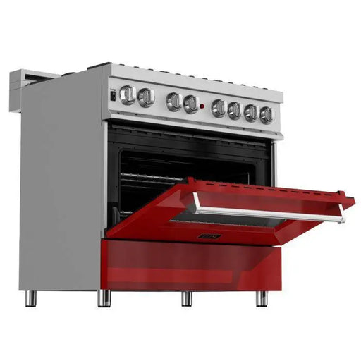 ZLINE Kitchen and Bath 36 in. Professional Gas Burner/Electric Oven in DuraSnow® Stainless with Red Gloss Door, RAS-RG-36 ZLINE