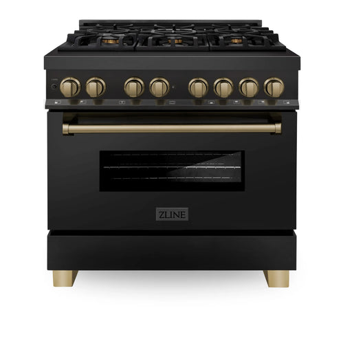 ZLINE Kitchen and Bath Autograph 36 in. Gas Burner/Electric Oven Range in Black Stainless Steel with Champagne Bronze Accents, RABZ-36-CB ZLINE