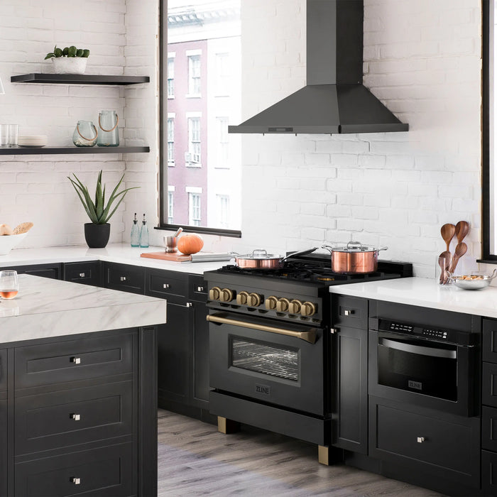 ZLINE Kitchen and Bath Autograph 36 in. Gas Burner/Electric Oven Range in Black Stainless Steel with Champagne Bronze Accents, RABZ-36-CB ZLINE