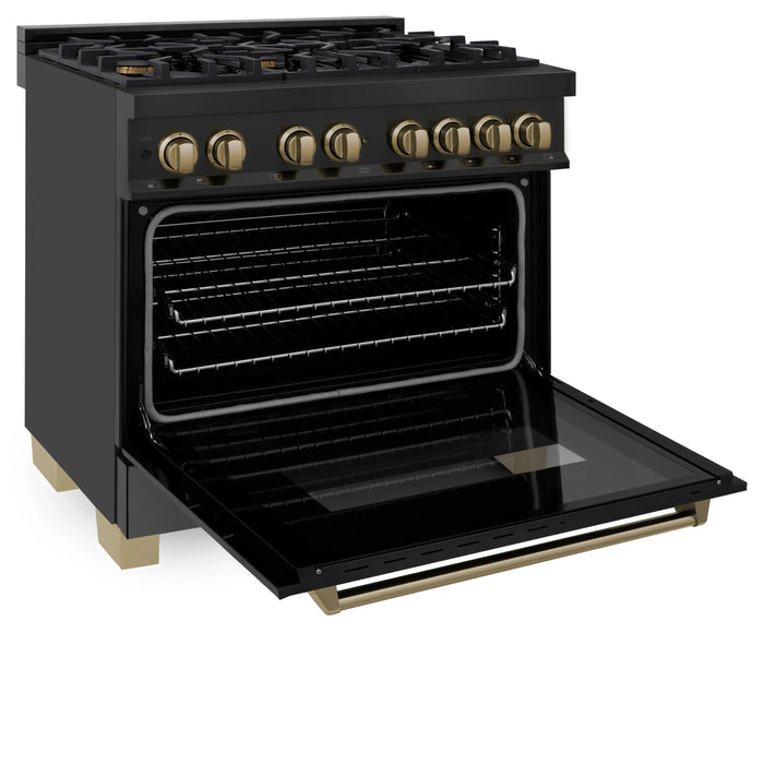 ZLINE Kitchen and Bath Autograph 36 in. Gas Burner/Electric Oven Range in Black Stainless Steel with Champagne Bronze Accents, RABZ-36-CB ZLINE